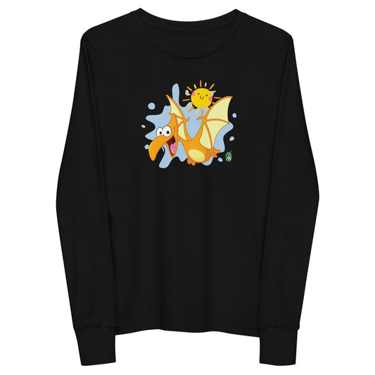 Kids' black long sleeve t-shirt with a printed graphic of a flying dragon. Designed by Wizard Prints