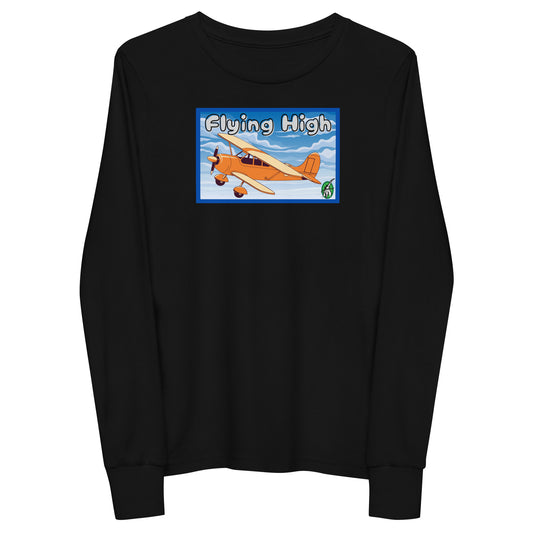 Kids' black long sleeve t-shirt with a printed graphic of a vintage airplane and the words, 'Flying High'. Designed by Wizard Prints