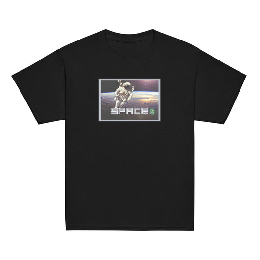 Kids' black t-shirt featuring a printed graphic of a real astronaut in space and the word, Space, designed by Wizard Prints.