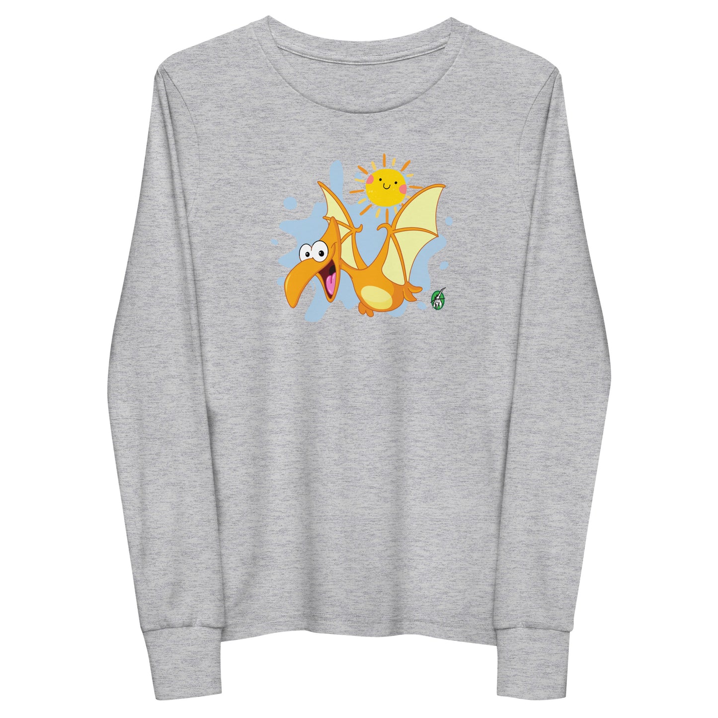 Kids' grey long sleeve t-shirt with a printed graphic of a flying dragon and the sun. Designed by Wizard Prints