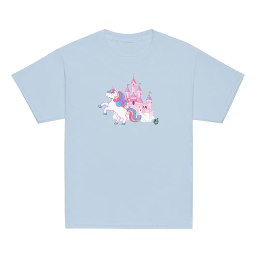 Kids' light blue t-shirt featuring a printed graphic of a unicorn in front of a castle, designed by Wizard Prints.