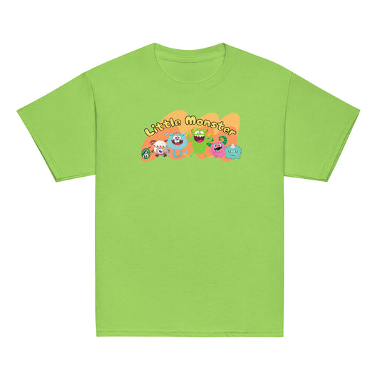 Kid's lime green t-shirt with a printed graphic of colourful monsters and the words, 'Little Monster'. Designed by Wizard Prints