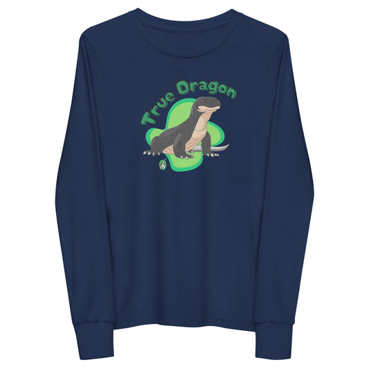 Kids' navy blue long sleeve t-shirt with a printed graphic of a komodo dragon and the words, 'True Dragon'. Designed by Wizard Prints