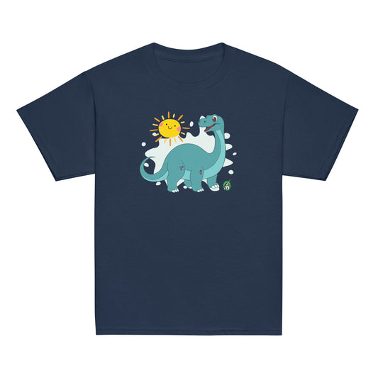 Kids' navy blue t-shirt with a printed graphic of a smiling cartoon brachiosaurus and the sun. Designed by Wizard Prints.