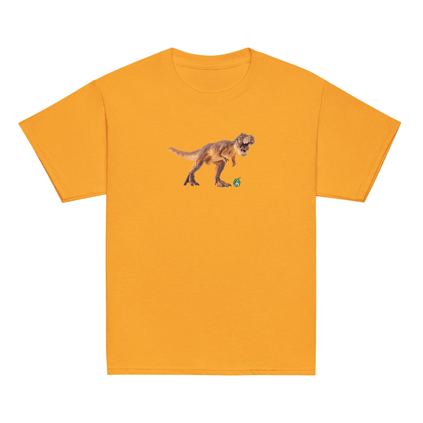 Kids' orange t-shirt featuring a printed graphic of a life like dinosaur, designed by Wizard Prints.