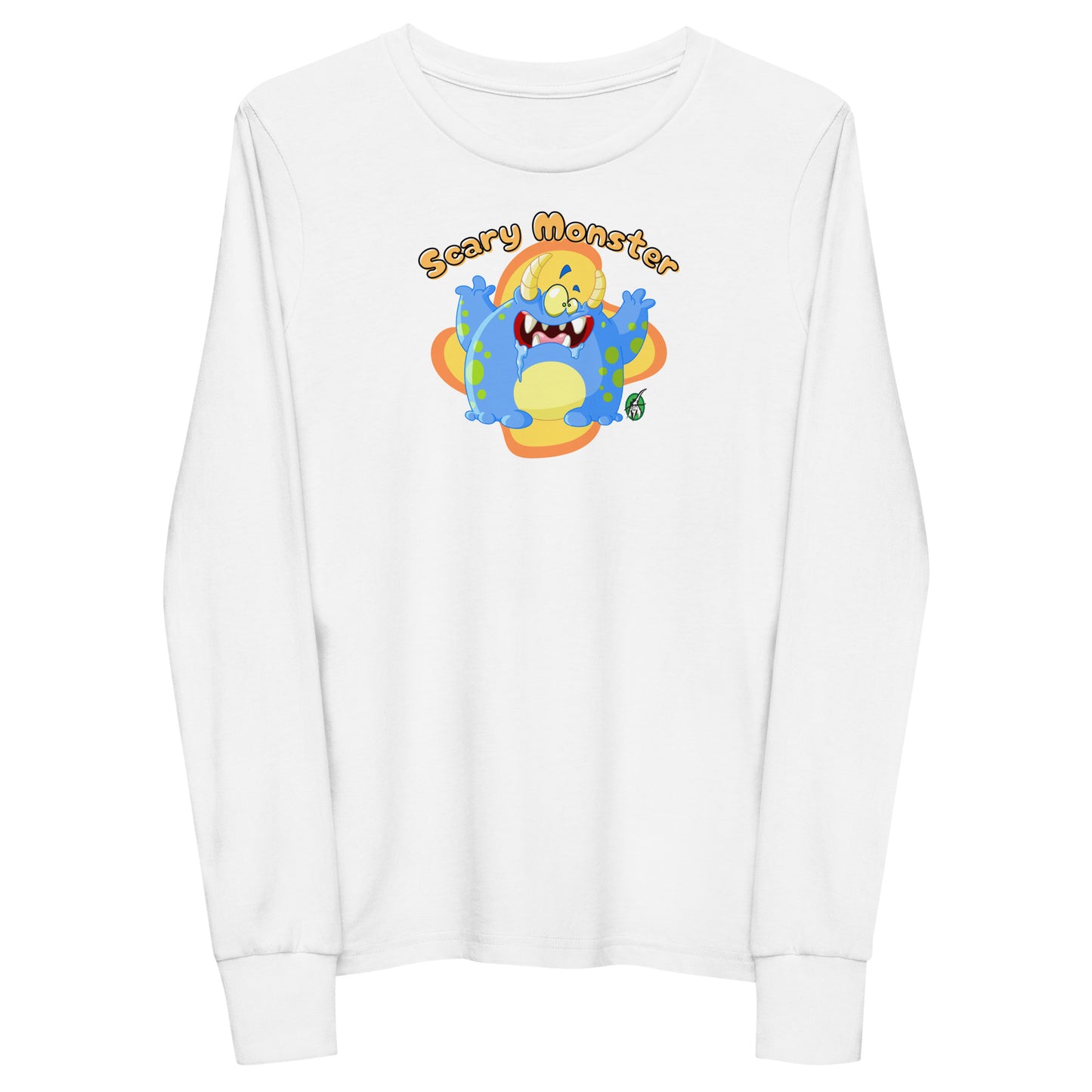 Kids' white long sleeve t-shirt with a printed graphic of a monster and the words, 'Scary Monster'. Designed by Wizard Prints