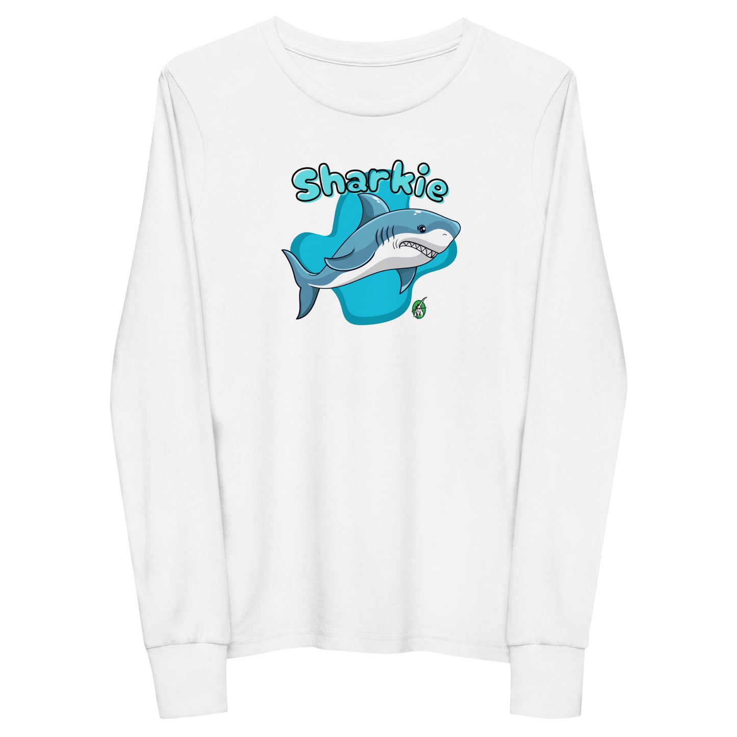 Kids' white long sleeve t-shirt with a printed graphic of a shark and the word, 'Sharkie'. Designed by Wizard Prints