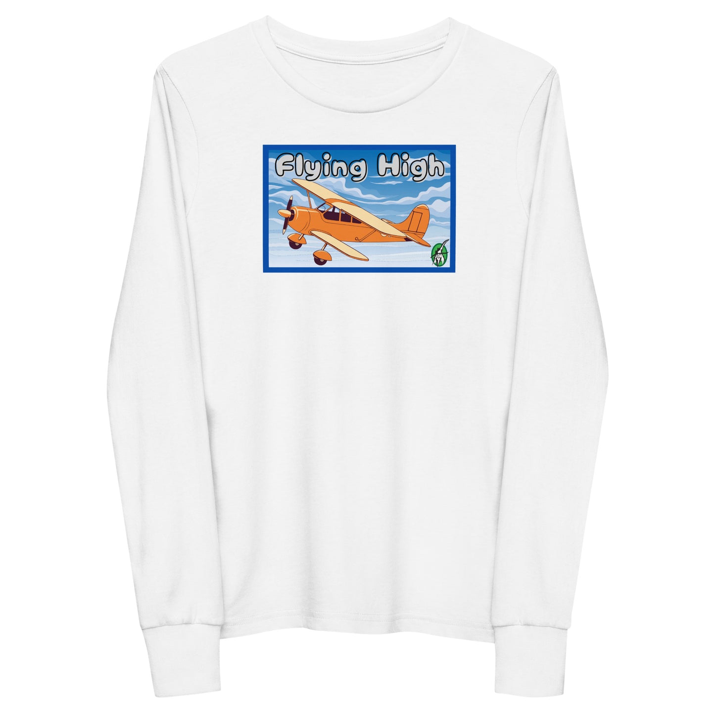 Kids' white long sleeve t-shirt with a printed graphic of a vintage airplane and the words, 'Flying High'. Designed by Wizard Prints.
