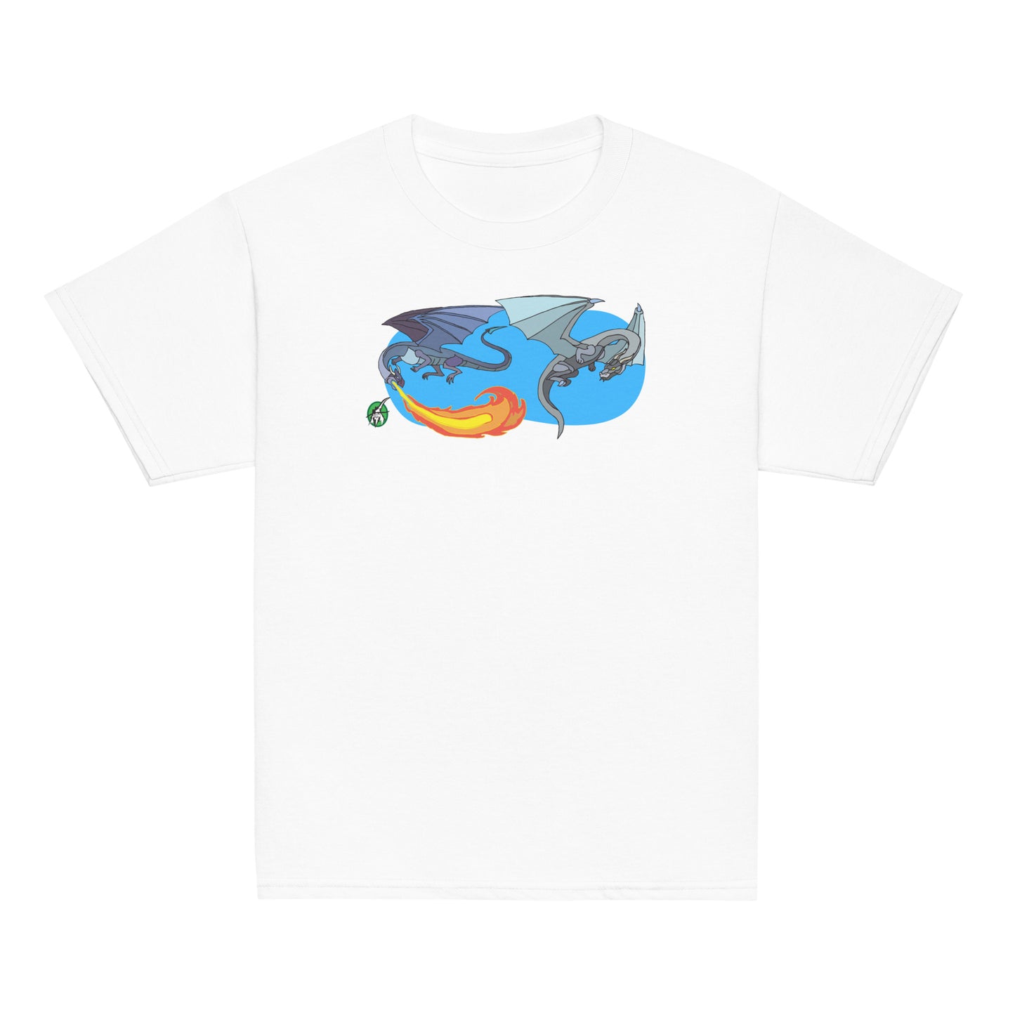 Kids' white t-shirt featuring a printed graphic of two flying fiery dragons, designed by Wizard Prints.
