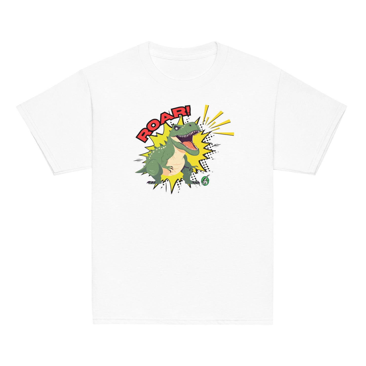 Kids' white t-shirt with a printed graphic of a green roaring dinosaur and the word, Roar!. Designed by Wizard Prints.
