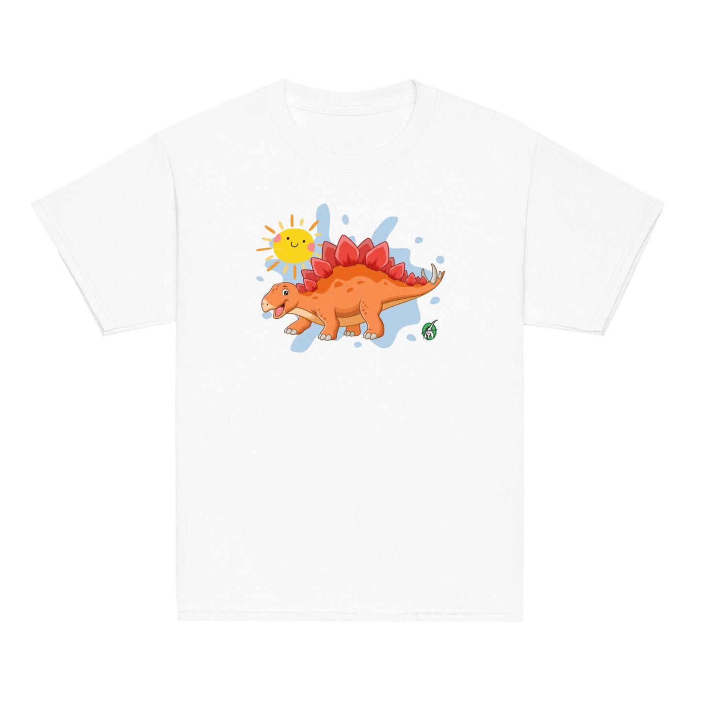 Kids' white t-shirt with a printed graphic of a smiling cartoon Stegosaurus and the sun. Designed by Wizard Prints.