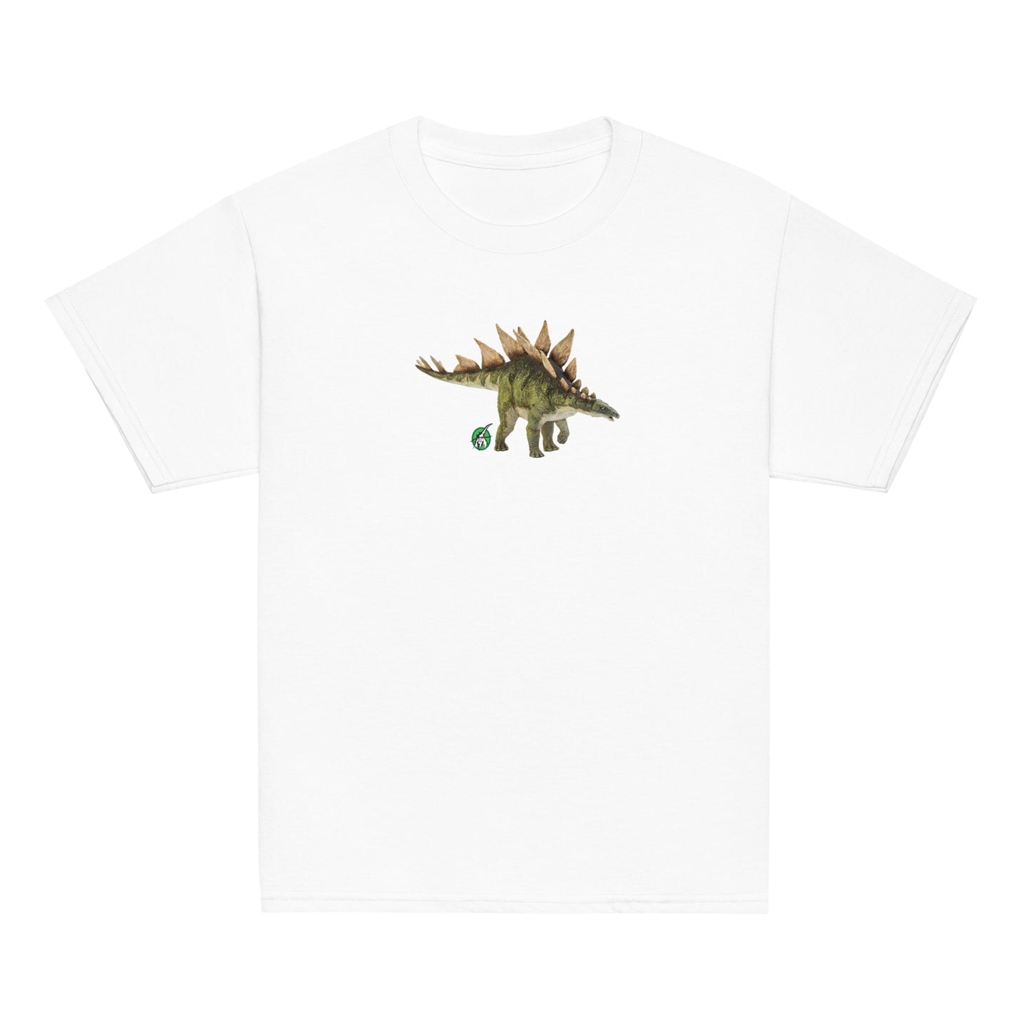 Kids' white t-shirt featuring a printed graphic of a life like stegosaurus, designed by Wizard Prints.
