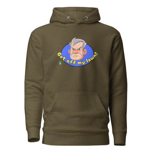 Men's military green hoodie with a printed graphic of an old man's grumpy face with the words, Get Off My Lawn. Designed by Wizard Prints