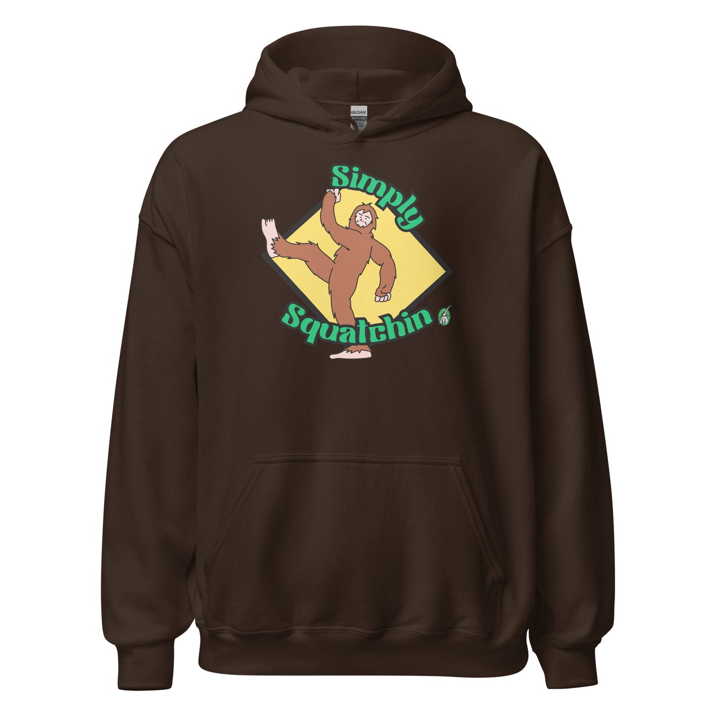 Men's brown hoodie with a printed graphic of a sasquatch with the words, Simply Squatchin. Designed by Wizard Prints.