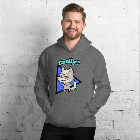 A man standing and wearing a dark grey hoodie with a printed graphic of a grumpy fox with the word, 'Really?'. Designed by Wizard Prints.
