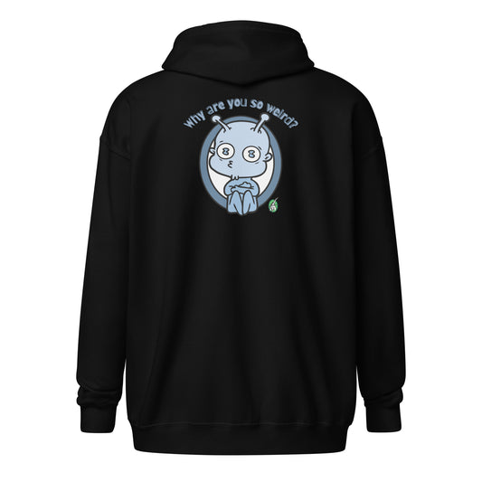Back view of a women's black zip through hoodie with a pale blue graphic image and the words, 'Why are you so Weird?' by Wizard Prints Shop