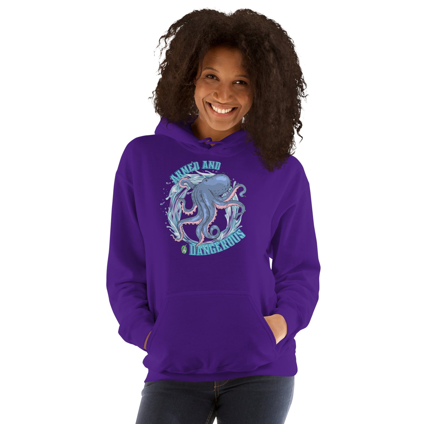 A women standing and wearing a purple graphic hoodie with the graphic of an octopus and the text, Armed and Dangerous by Wizard Prints Shop.