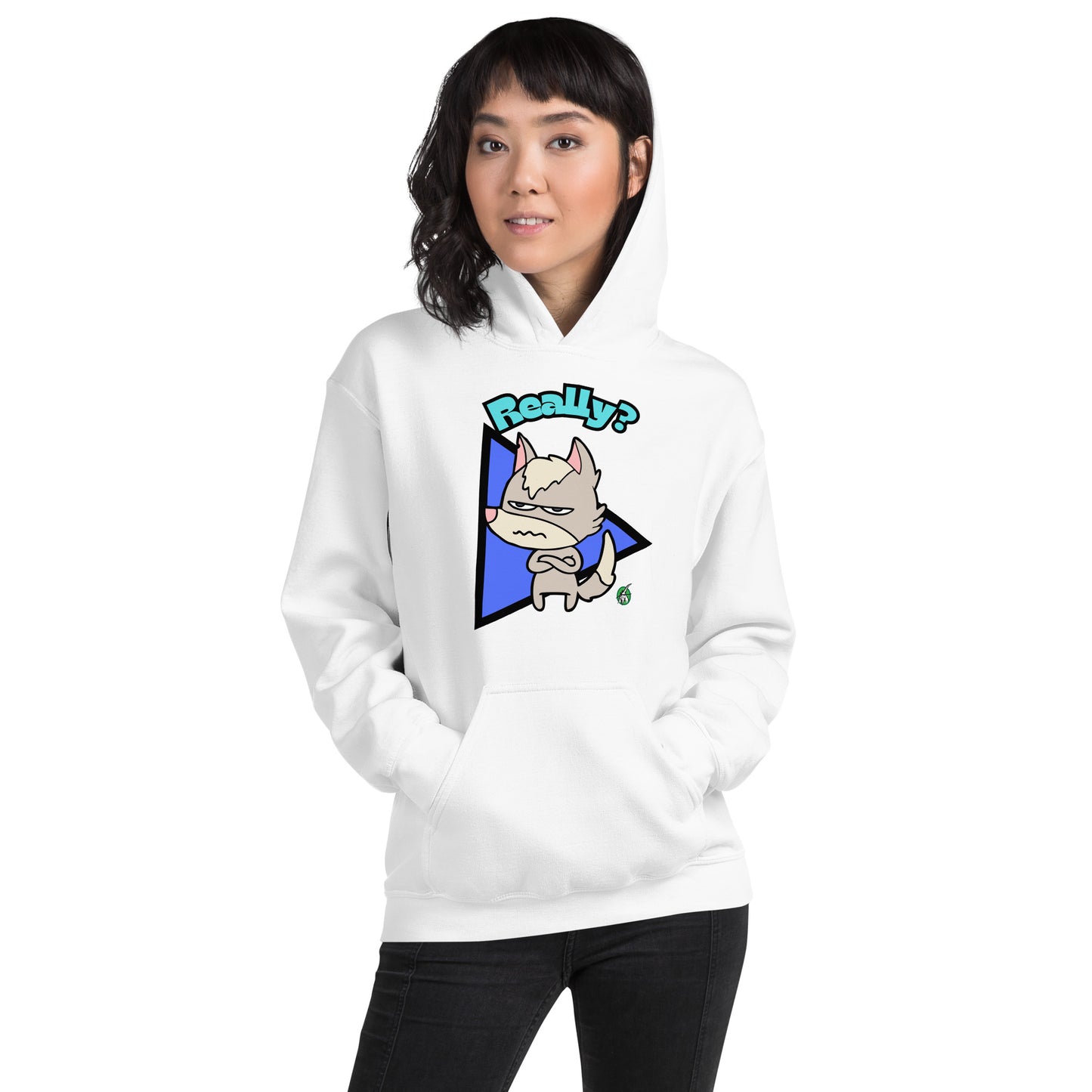 A woman standing and wearing a white hoodie with a printed graphic of a grumpy fox with the word, 'Really?'. Designed by Wizard Prints.