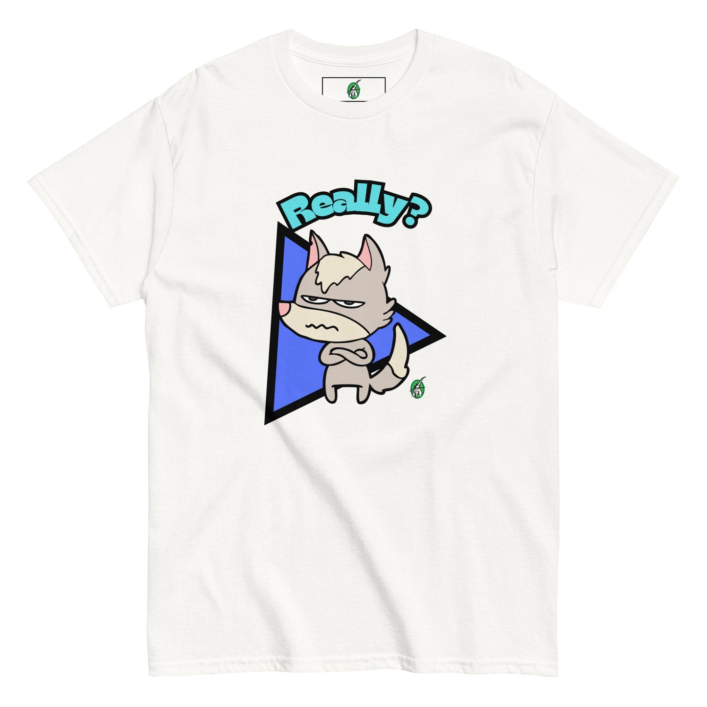 Women's white t-shirt with a printed graphic of a grumpy fox with the word, 'Really?'. Designed by Wizard Prints.