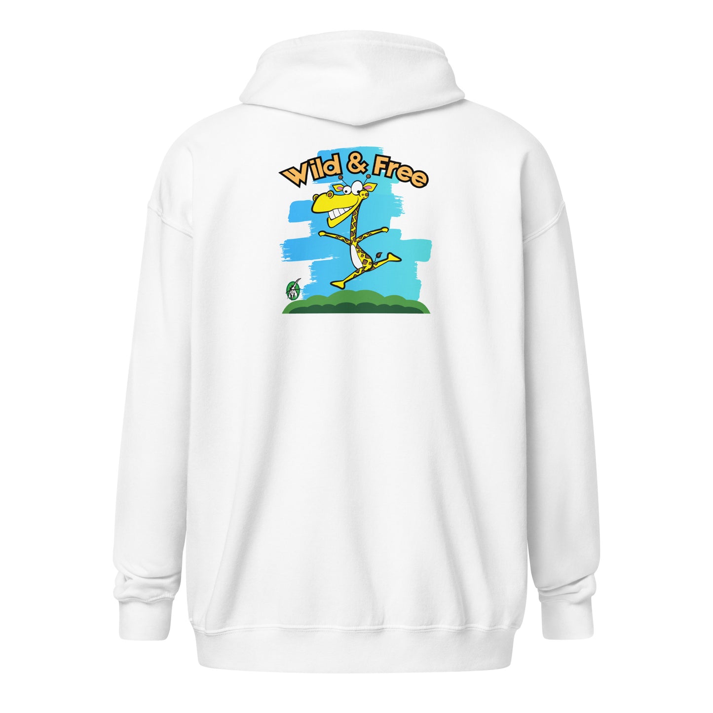 Women's white funny zip-through hoodie with a giraffe running with the words, 'wild and free' on the back by Wizard Prints