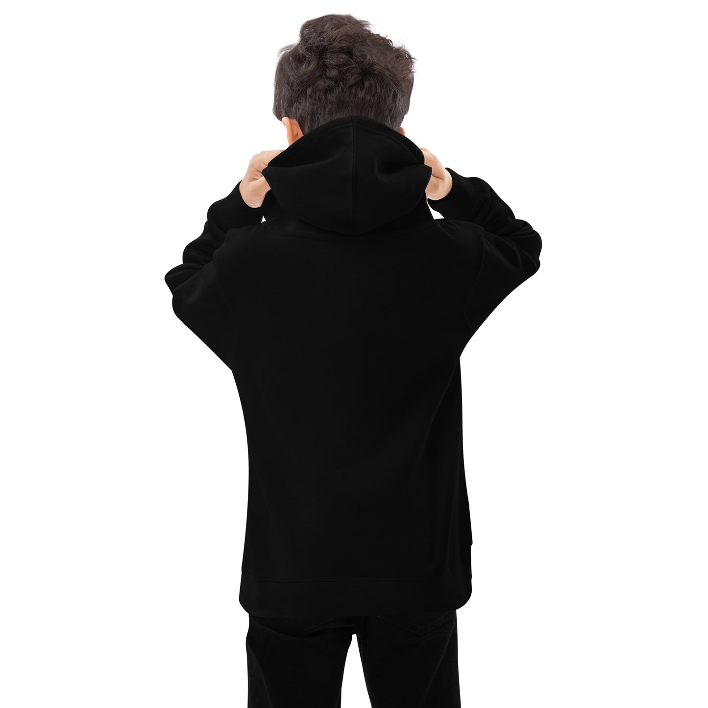 A boys black graphic hoodie with a plain back view by Wizard Prints Shop