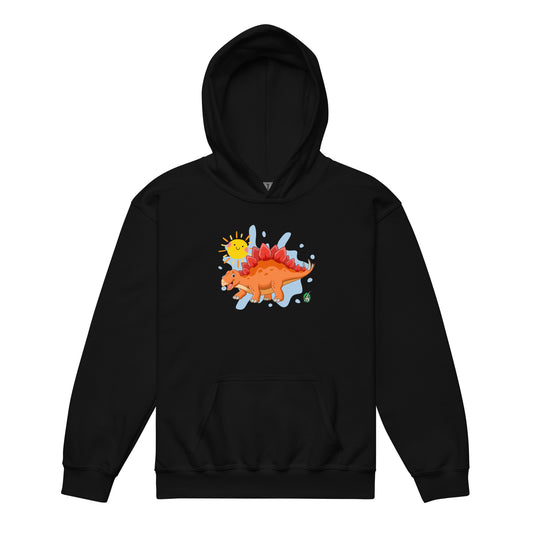 A Wizard Prints kids hoodie in black with a printed graphic on the front of a cartoon dinosaur