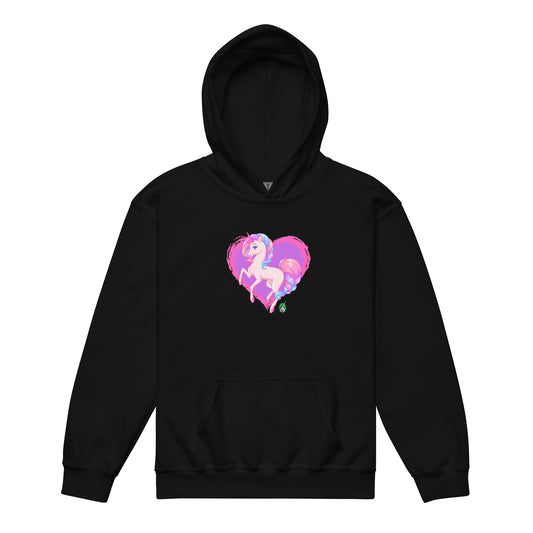 A Wizard Prints kids hoodie in black with a printed graphic on the front of pink unicorn on a love heart background