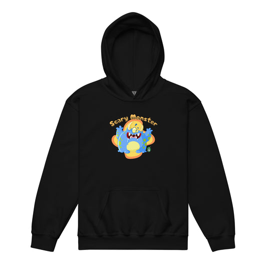 A Wizard Prints kids hoodie in black with a printed graphic on the front of a cartoon monster with the words, Scary Monster