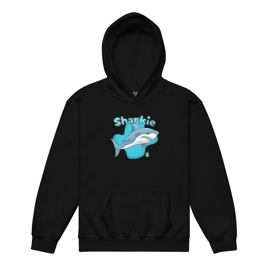 A Wizard Prints kids hoodie in black with a printed graphic on the front of a cartoon shark with the words, Sharkie