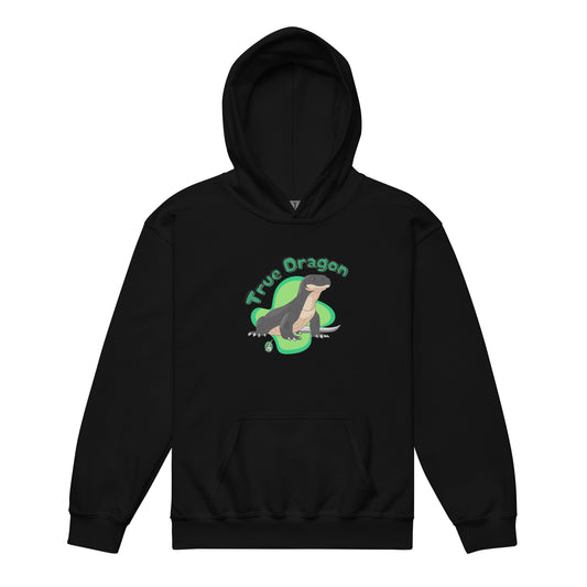 A Wizard Prints kids hoodie in black with a printed graphic on the front of a dragon with the words True Dragon