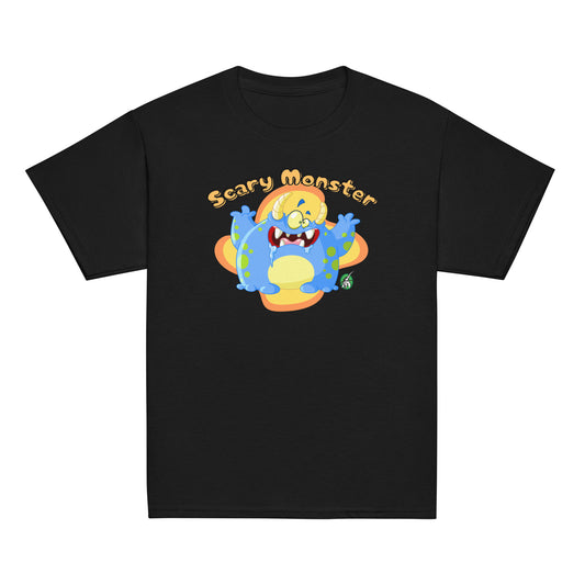 Kids' black t-shirt featuring a printed graphic of a cartoon monster and the words, 'Scary Monster', by Wizard Prints.