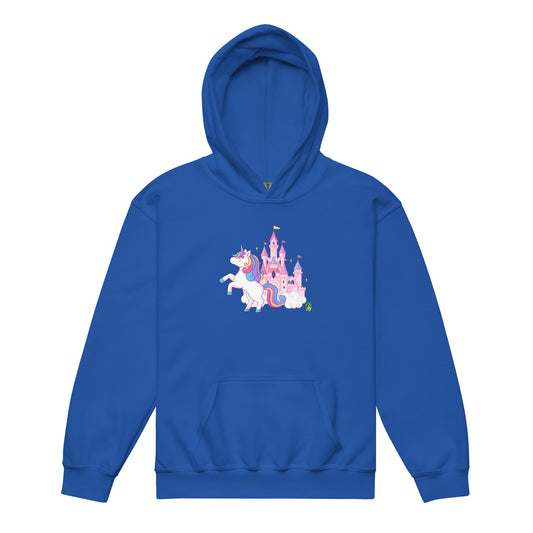 A Wizard Prints kids hoodie in blue with a printed graphic on the front of unicorn prancing with a castle in the background
