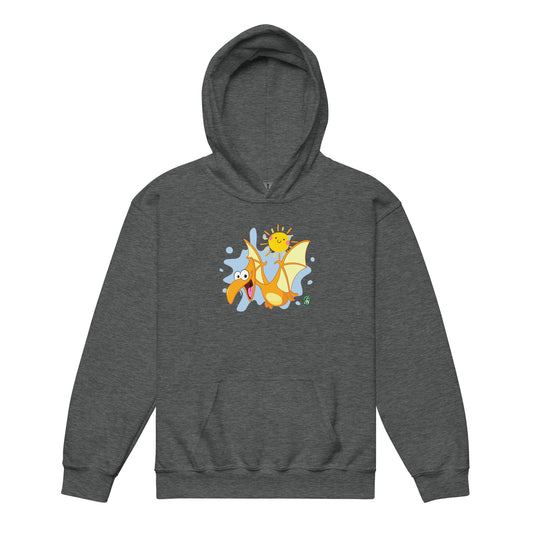 A Wizard Prints kids hoodie in dark grey with a printed graphic on the front of a cartoon dinosaur