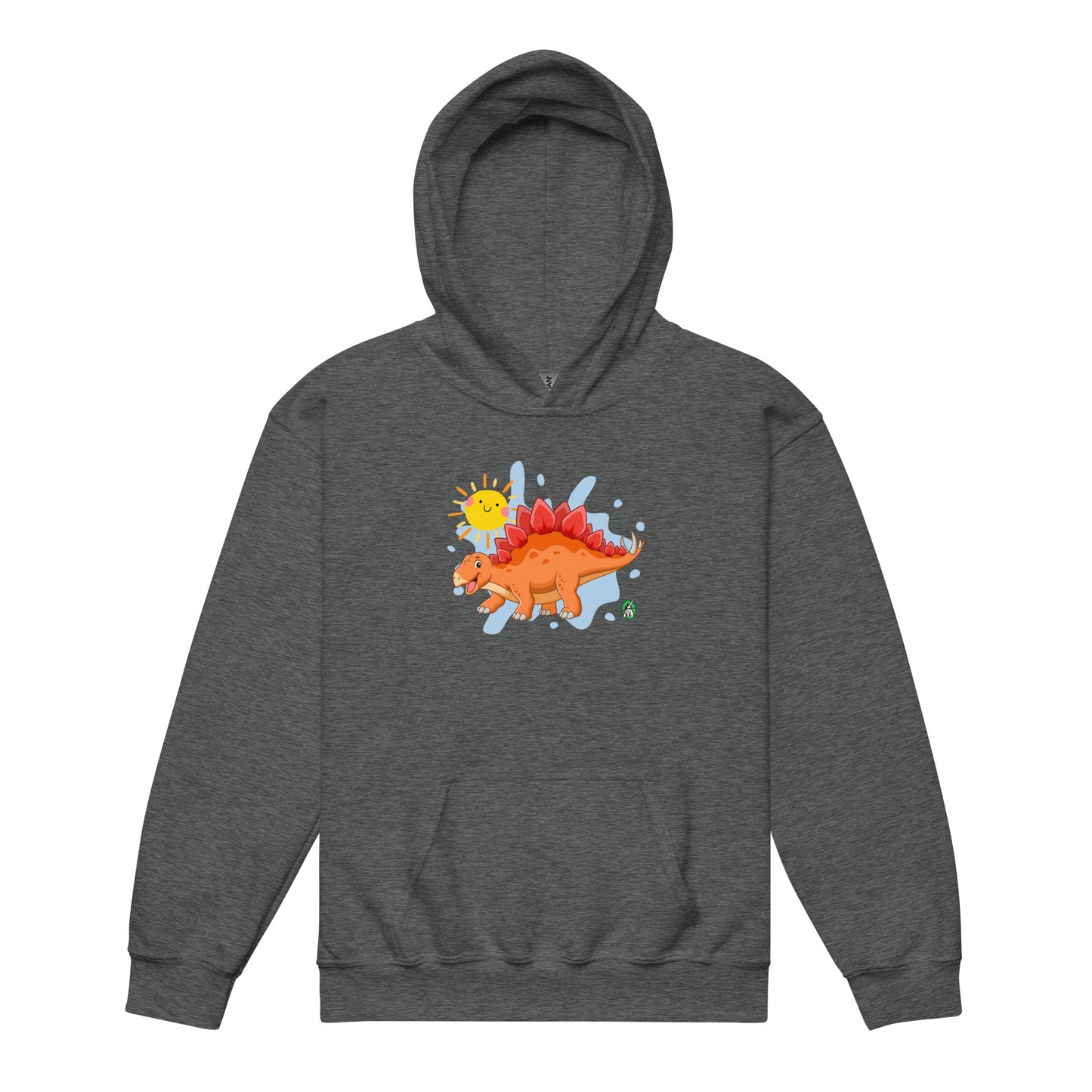 A Wizard Prints kids hoodie in dark grey with a printed graphic on the front of a cartoon dinosaur