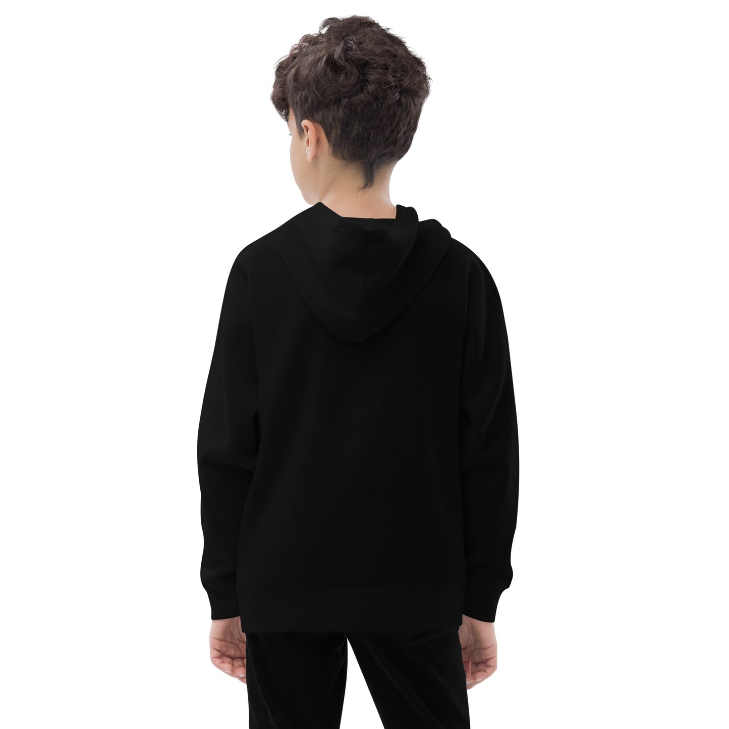 A boy standing with his back turned, wearing a black hoodie. Designed by Wizard Prints.