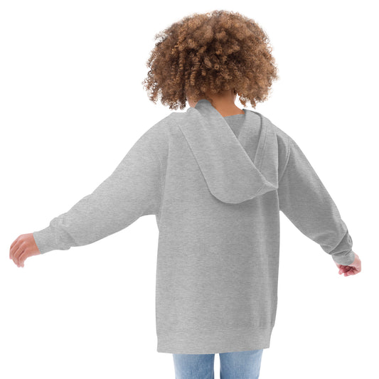 A girl wearing a Wizard Prints kids hoodie in grey standing to show the back of the hoodie