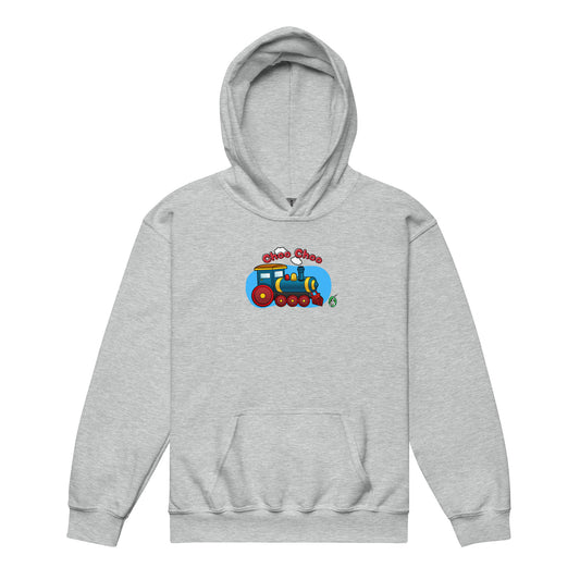 A Wizard Prints kids hoodie in grey with a printed graphic on the front of cartoon train with the words, Choo Choo
