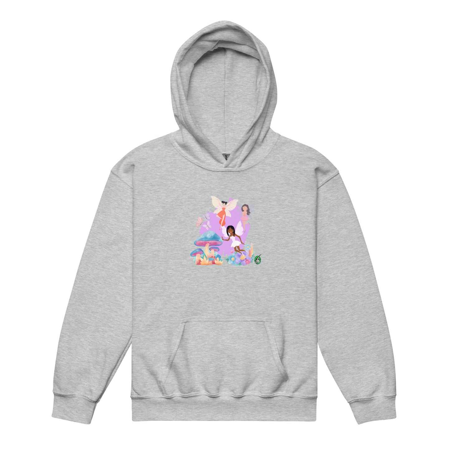 A Wizard Prints kids hoodie in grey with a printed graphic on the front of a group of cartoon fairies