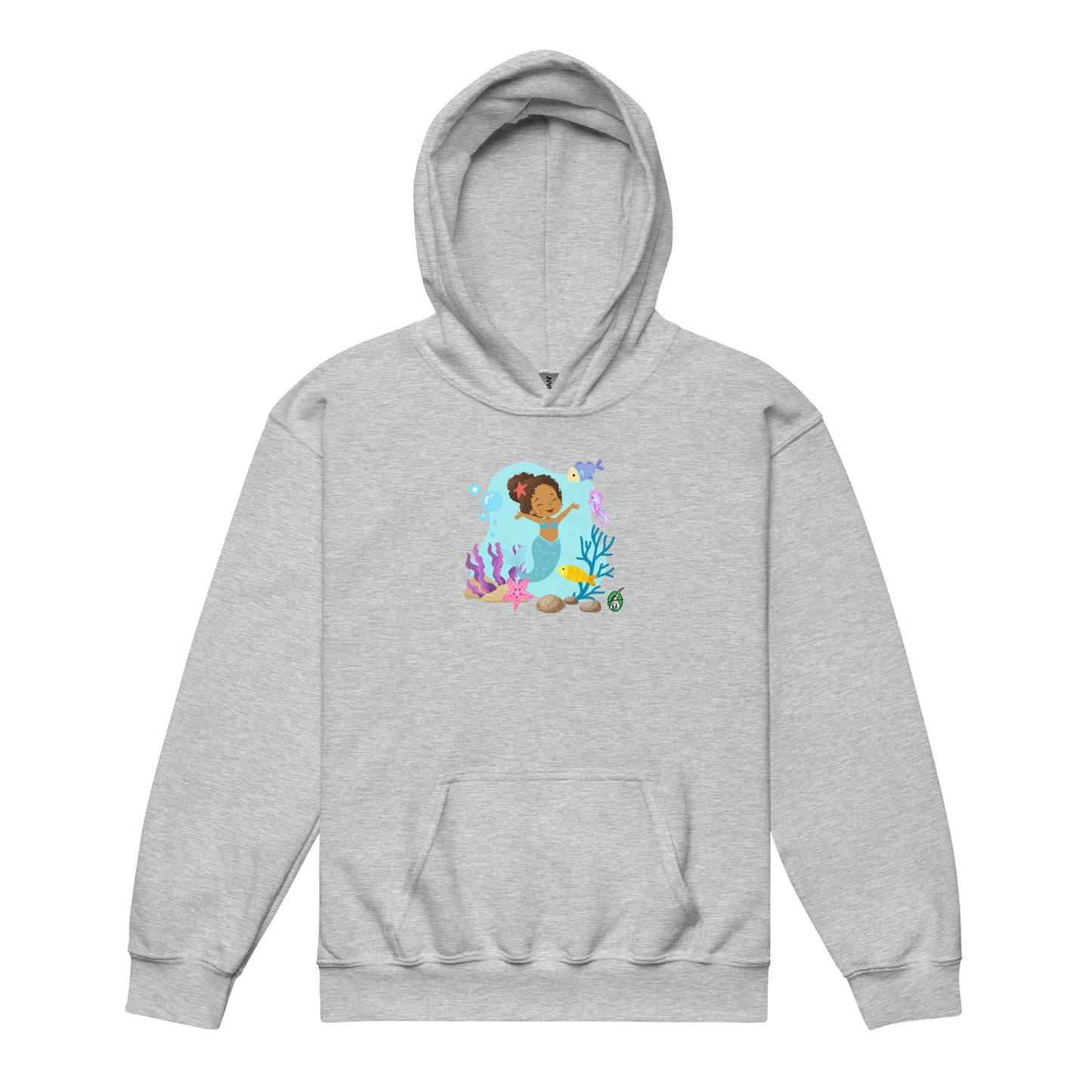 A Wizard Prints kids hoodie in grey with a printed graphic on the front of a cartoon mermaid in the ocean