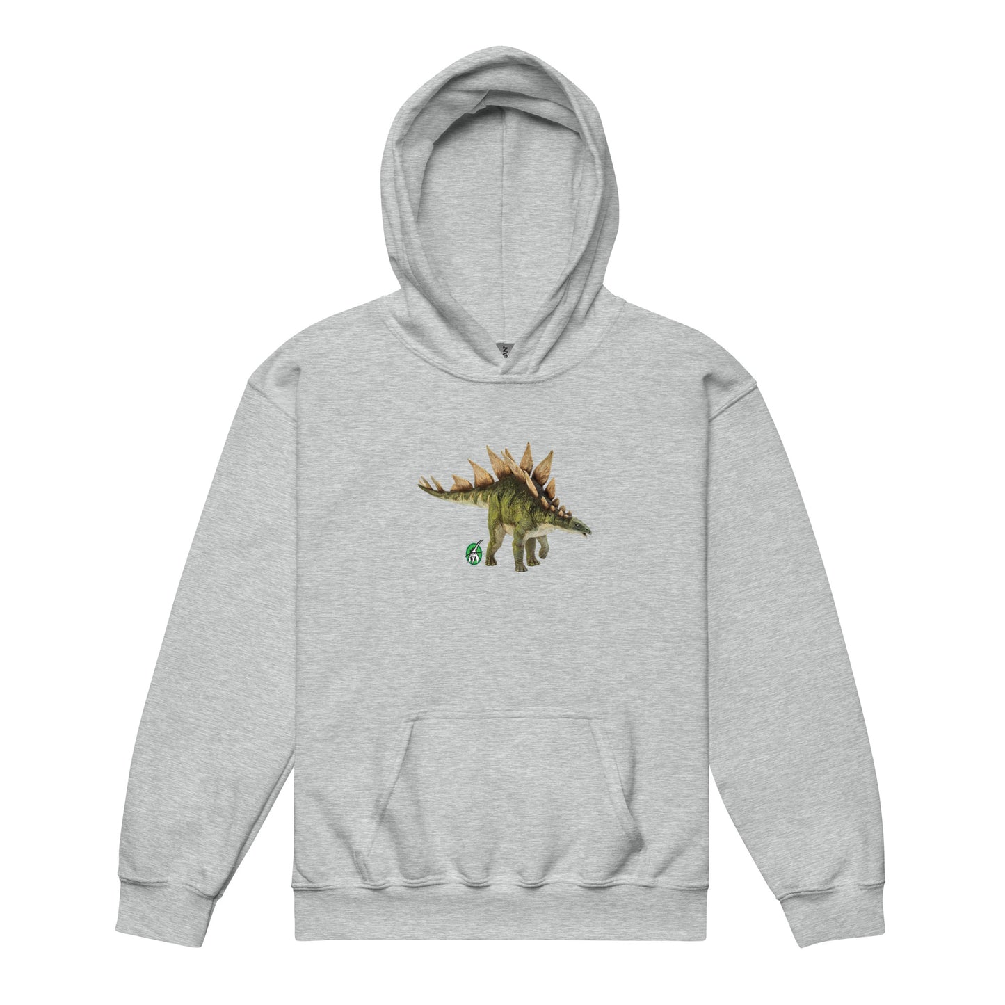 A Wizard Prints kids hoodie in grey with a printed graphic on the front of life like dinosaur