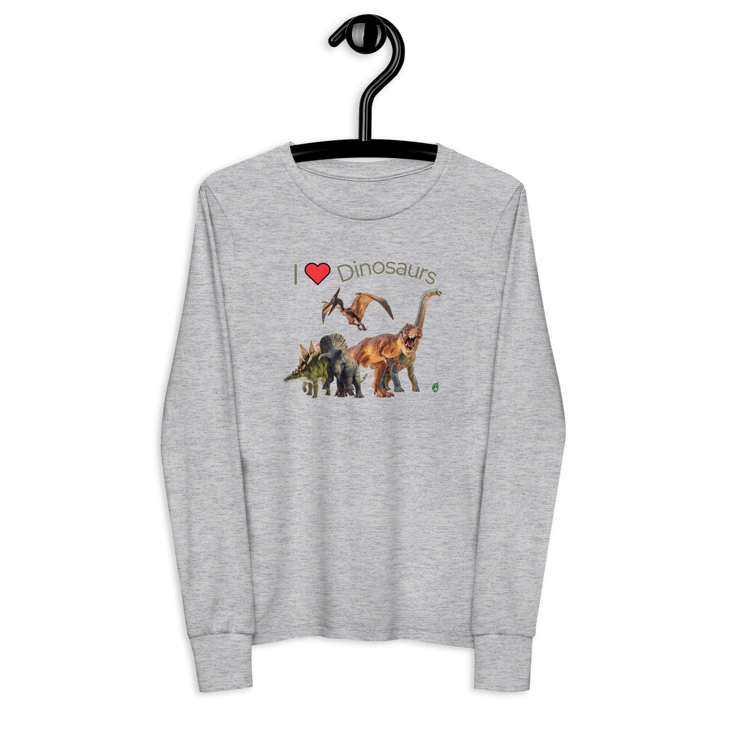 Kids' grey long-sleeve T-shirt featuring a printed graphic of life like dinosaurs and the words "I love Dinosaurs", by Wizard Prints.
