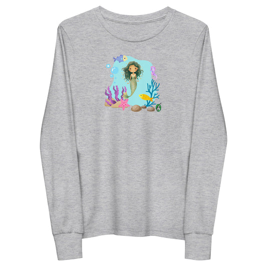 Kids' grey long-sleeve T-shirt featuring a printed graphic of a mermaid with sea creatures and water, by Wizard Prints.