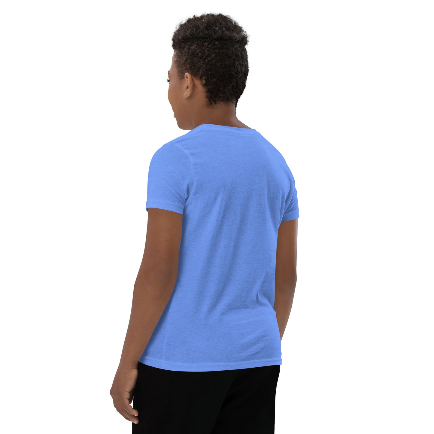 A boy standing with his back turned wearing a Wizard Prints light blue t-shirt.