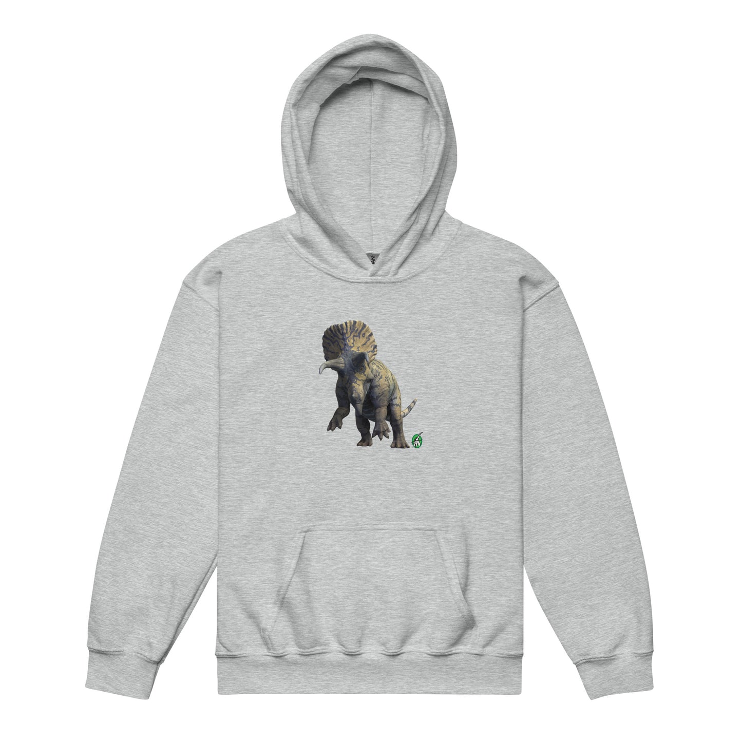 A Wizard Prints kids hoodie in grey with a printed graphic on the front of life like dinosaur