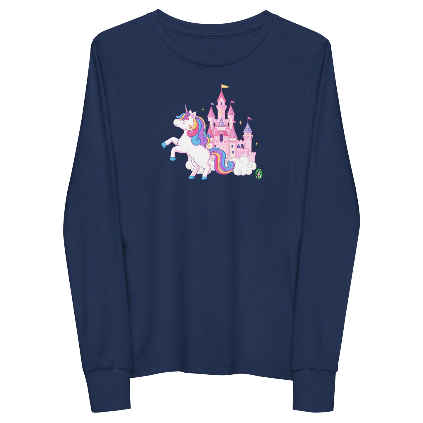 Kids' navy blue long-sleeve T-shirt featuring a printed graphic of a unicorn in front of a castle, by Wizard Prints.