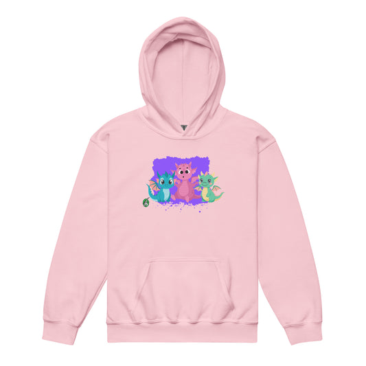 A Wizard Prints kids hoodie in pink with a printed graphic on the front of three baby cartoon dragons