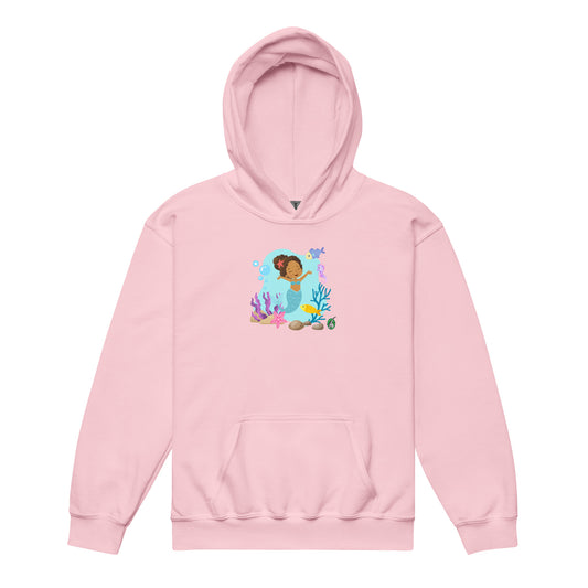 A Wizard Prints kids hoodie in pink with a printed graphic on the front of a cartoon mermaid in the ocean