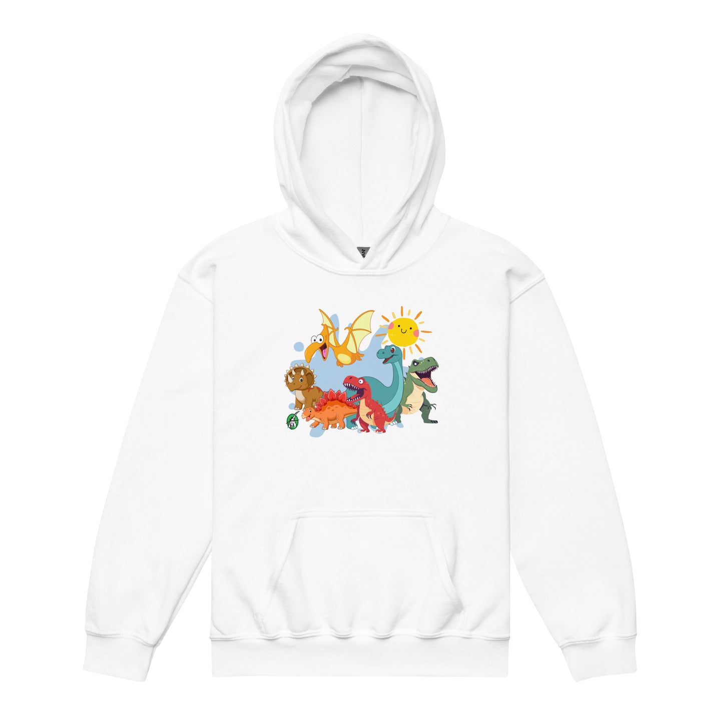 A Wizard Prints kids hoodie in white with a printed graphic on the front of a group of cartoon dinosaurs