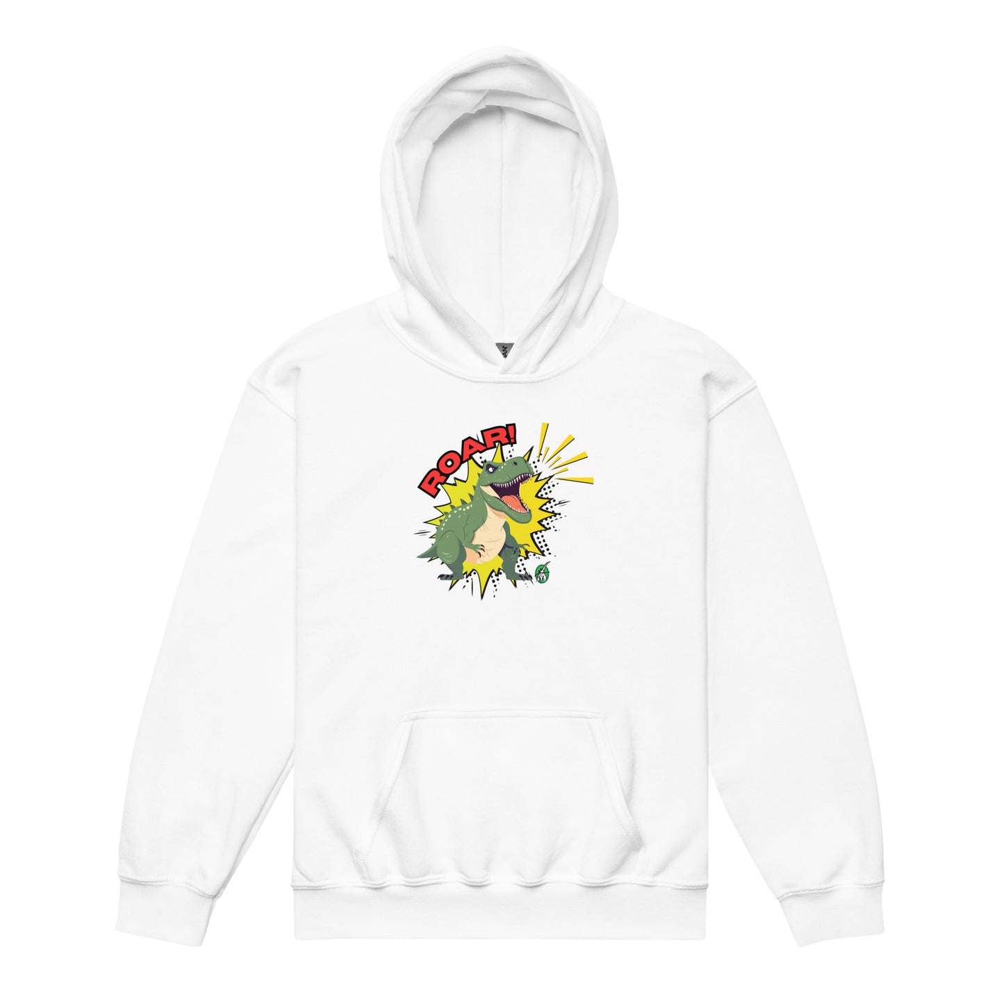 A Wizard Prints kids hoodie in white with a printed graphic on the front of a cartoon dinosaur in green with the word, Roar!