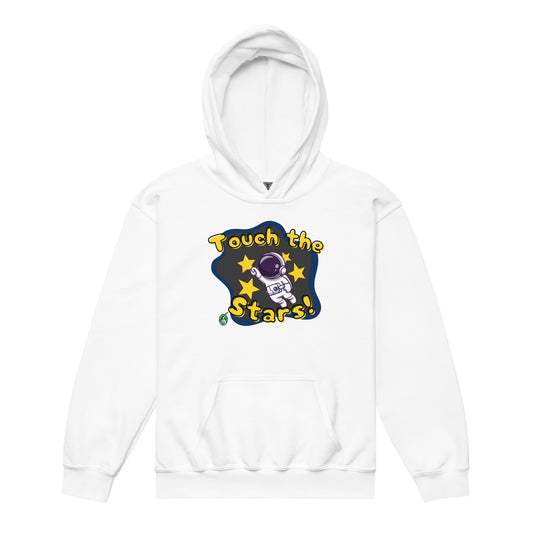A Wizard Prints kids hoodie in white with a printed graphic on the front of an astronaut with the words, Touch the Stars